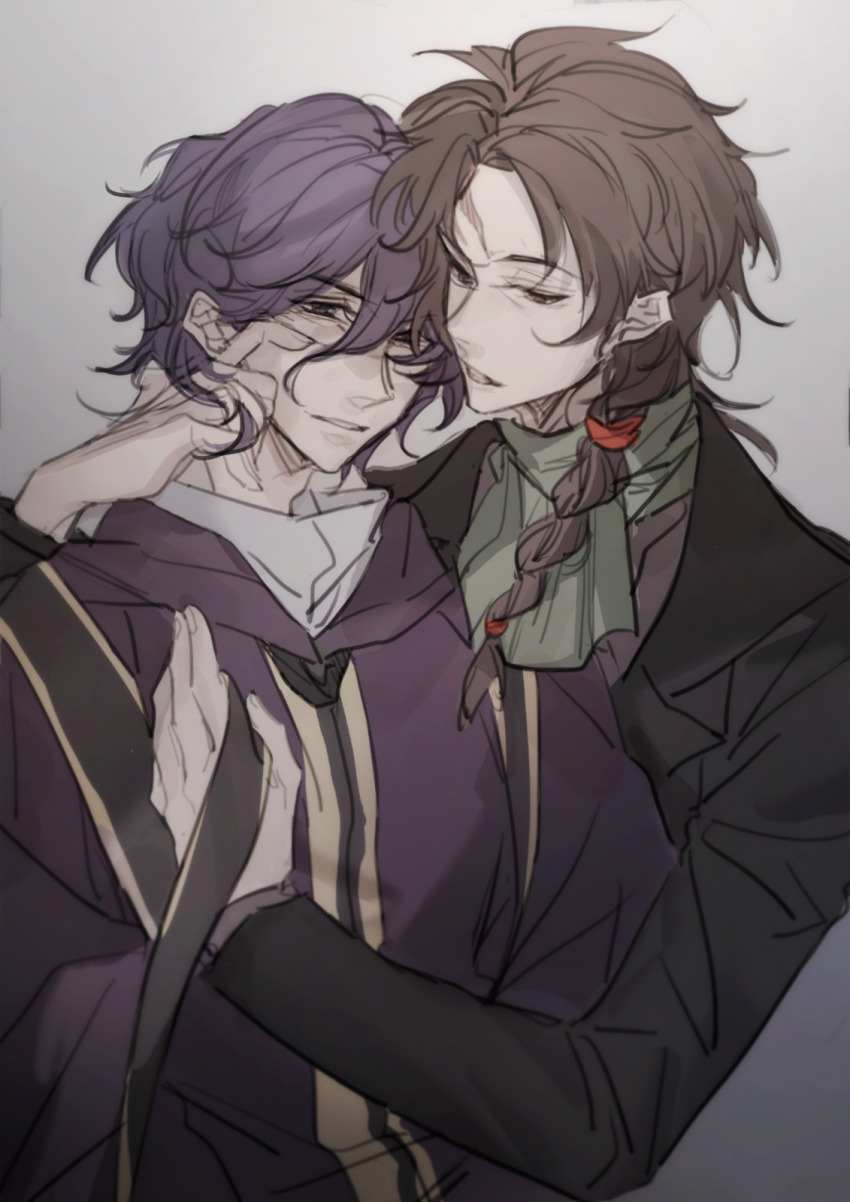 2boys, black_eyes, black_jacket, braid, brown_hair, brown_shirt, chinese_commentary, commentary_request, finger_to_another's_cheek, gold_trim, gradient_background, green_scarf, grey_background, hair_between_eyes, hand_on_another's_chest, harada_minoru, highres, hood, hood_down, hooded_jacket, jacket, jieqiu337, lapels, long_bangs, long_sleeves, male_focus, multiple_boys, open_clothes, open_jacket, purple_hair, purple_jacket, saibou_shinkyoku, scarf, shirt, short_hair, side_braid, single_braid, stole, upper_body, utsugi_noriyuki, yaoi