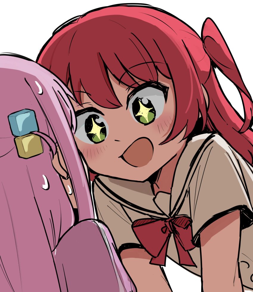 +_+, 2girls, 5alive, blush, bocchi_the_rock!, cube_hair_ornament, excited, girl_on_top, gotoh_hitori, hair_ornament, highres, jacket, kita_ikuyo, multiple_girls, open_mouth, pink_hair, pink_jacket, pink_track_suit, red_hair, school_uniform, shuka_high_school_uniform, side_ahoge, side_ponytail, simple_background, smile, sweat, track_jacket, track_suit, white_background, yellow_eyes, yuri