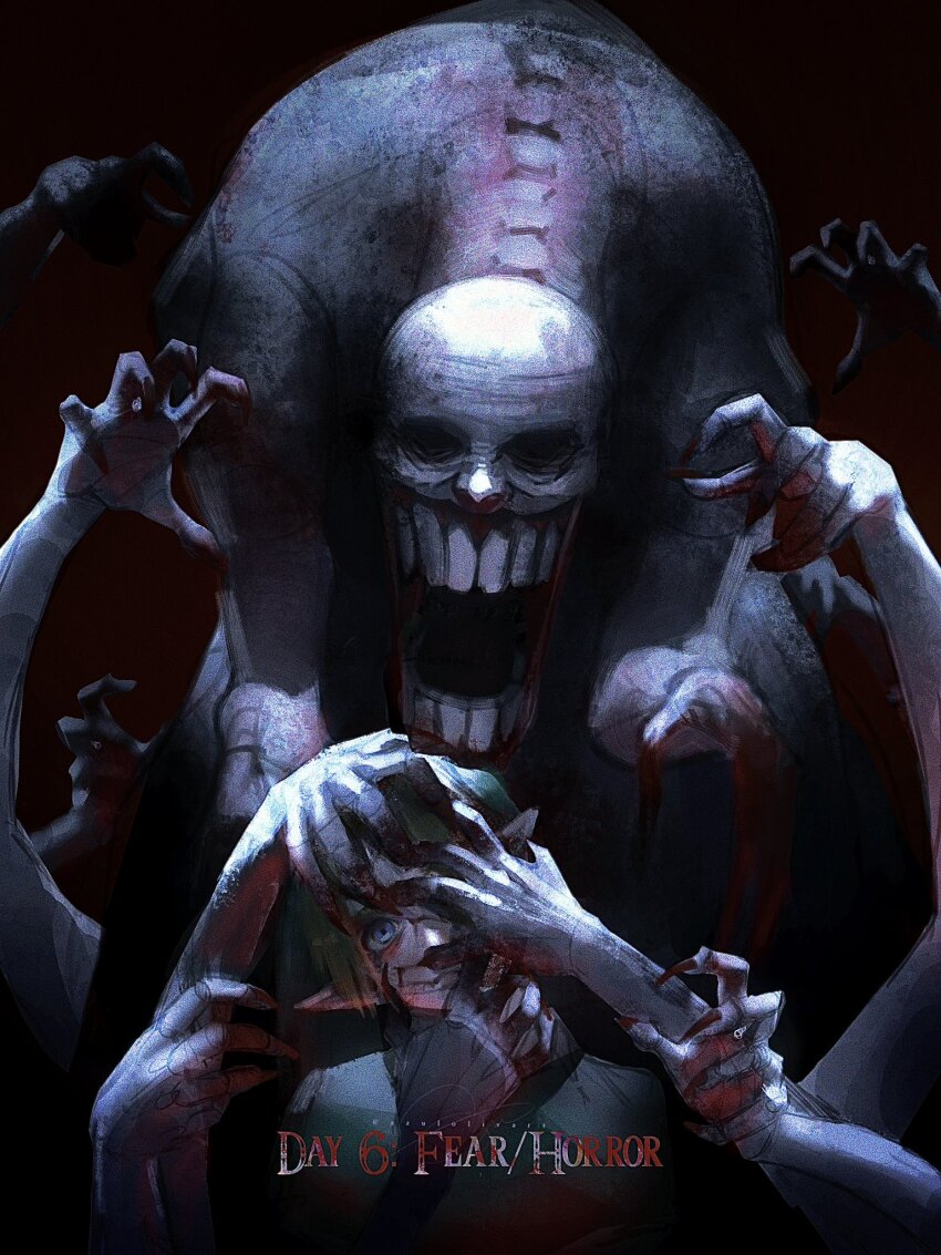 1boy, azulolivart, blonde_hair, blue_eyes, dead_hand, extra_arms, eye_socket, facing_viewer, grabbing_another's_head, hat, highres, hollow_eyes, link, looking_at_viewer, monster, nintendo, open_mouth, pointy_ears, the_legend_of_zelda, the_legend_of_zelda:_ocarina_of_time