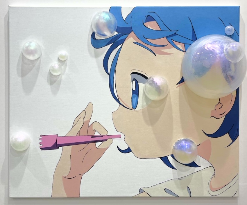 1girl, blowing_bubbles, blue_eyes, blue_hair, bubble, bubble_wand, painting_(medium), fourth_wall