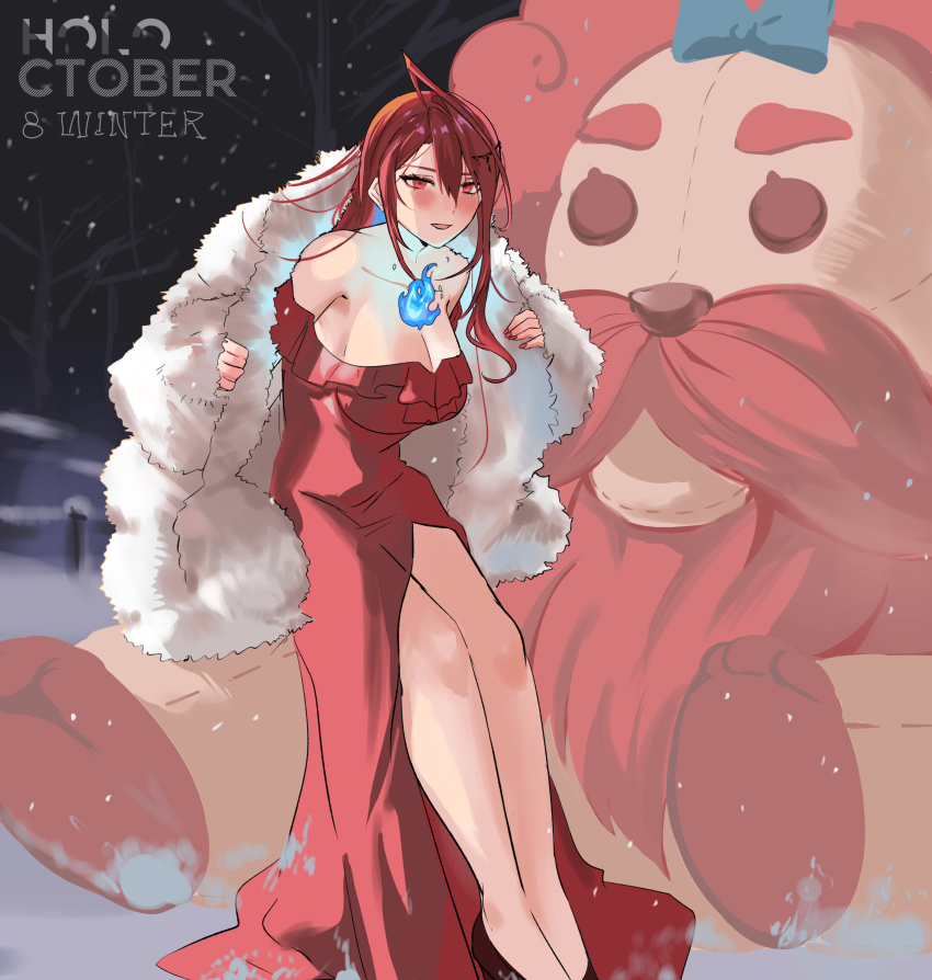 1girl, absurdres, ahoge, alternate_costume, blue_fire, blue_hair, bobby_(elizabeth_rose_bloodflame), breasts, colored_inner_hair, dog, dress, elizabeth_rose_bloodflame, fire, highres, hololive, hololive_english, huge_ahoge, large_breasts, long_hair, looking_at_viewer, multicolored_hair, open_mouth, red_dress, red_eyes, red_hair, set7, snow, snowing, stuffed_animal, stuffed_toy, very_long_hair, virtual_youtuber, winter