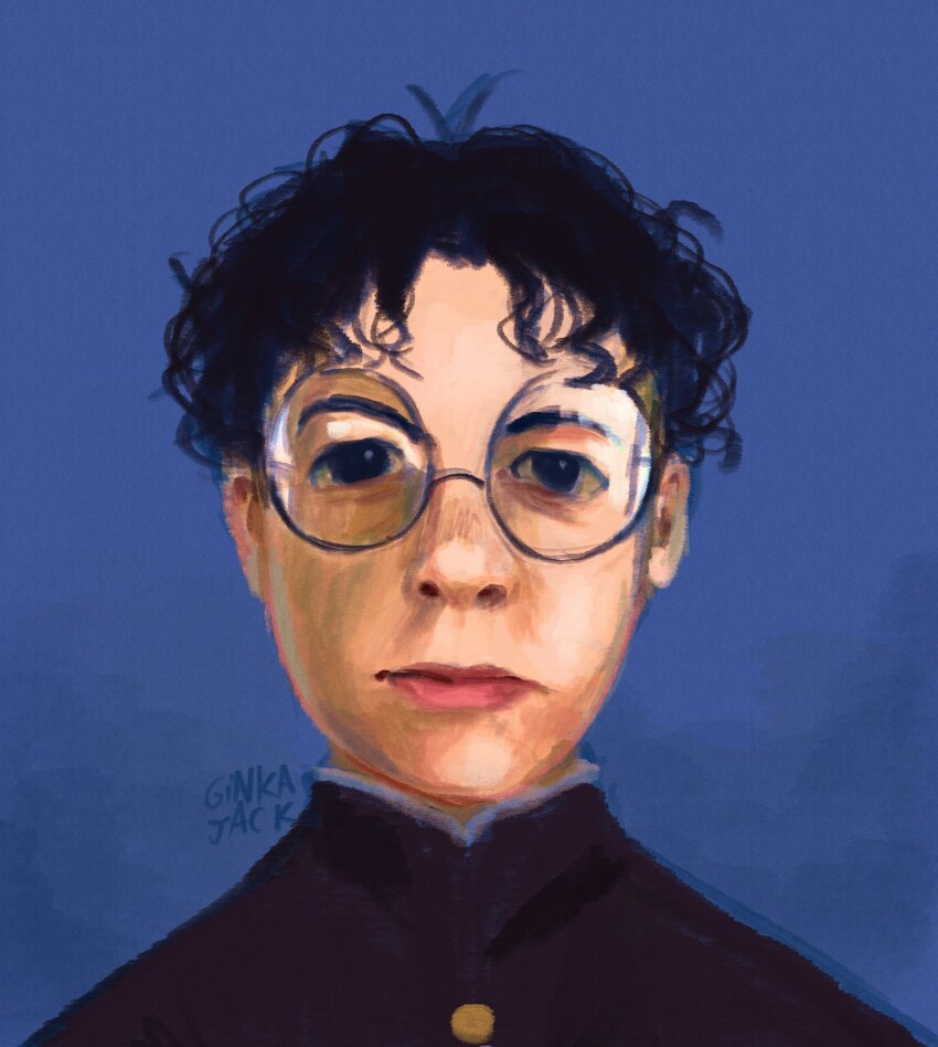 1boy, artist_name, black_hair, blue_background, closed_mouth, curly_hair, dandadan, gakuran, ginka_jack, highres, looking_at_viewer, male_focus, round_eyewear, school_uniform, solo, superbad_(movie), takakura_ken_(dandadan)