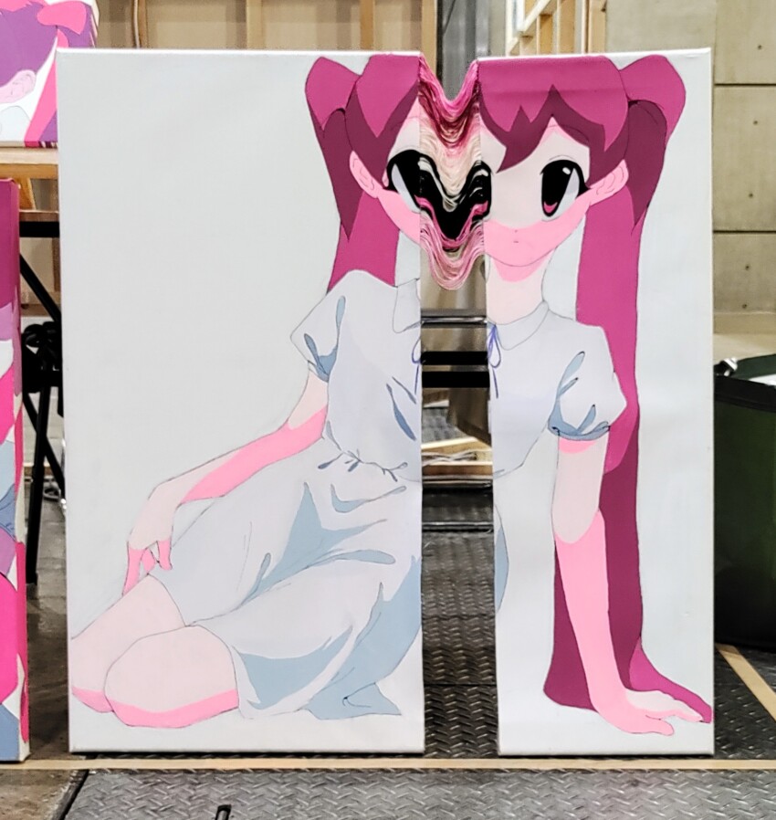 1girl, acrylic_paint_(medium), arm_support, painting_(medium), closed_mouth, distortion, dress, highres