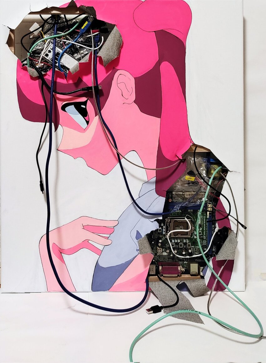 1girl, acrylic_paint_(medium), cable, circuit_board, from_side, hand_on_own_chest, hand_up, highres