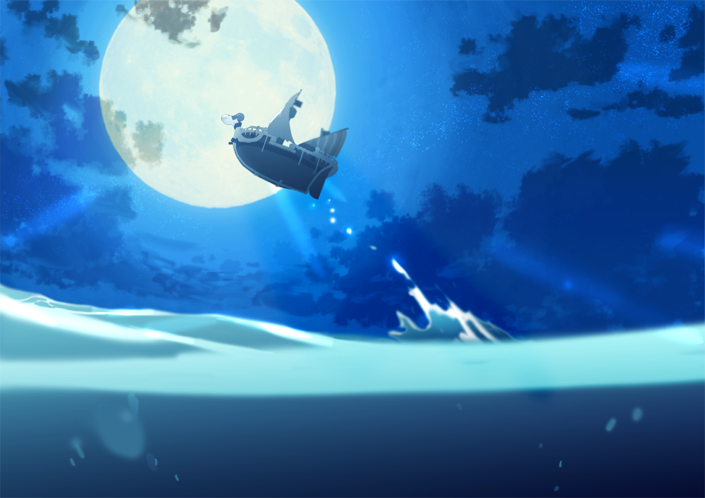 akkc, bad_id, bad_pixiv_id, cloud, flying, full_moon, going_merry, moon, night, no_humans, ocean, one_piece, scenery, ship, sky, star_(sky), starry_sky, watercraft, waves
