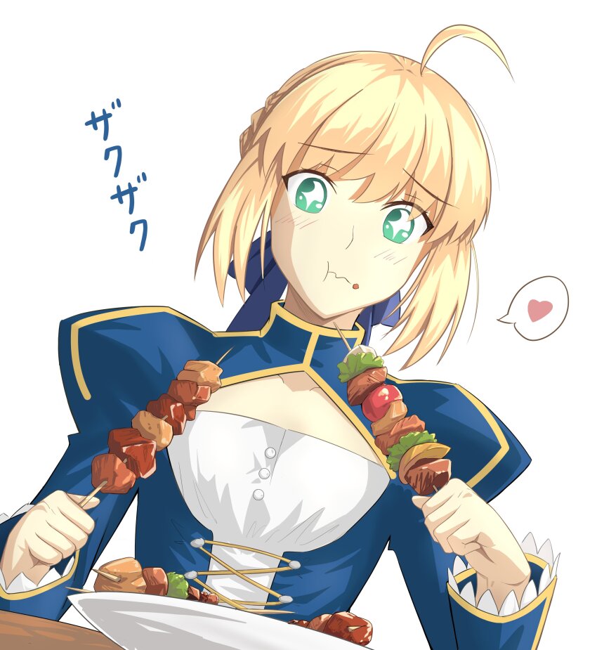 1girl, absurdres, ahoge, andychen662000, artoria_pendragon_(fate), blonde_hair, blue_dress, breasts