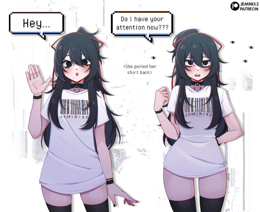 1girl, arm_behind_back, baggy_clothes, bags_under_eyes, barcode, before_and_after, black_choker, black_eyes