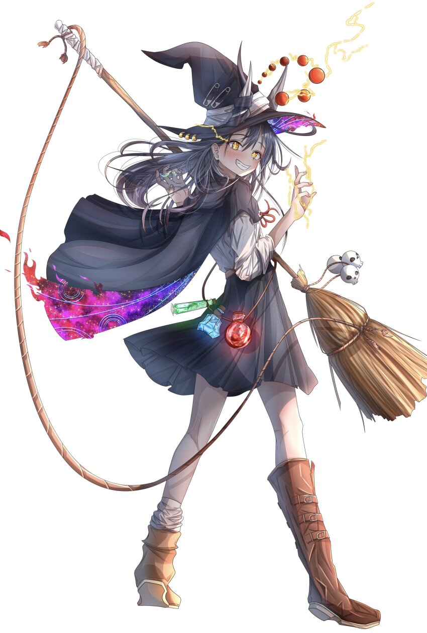 1girl, absurdres, aoki_ruri, blush, boots, broom, brown_boots, cape