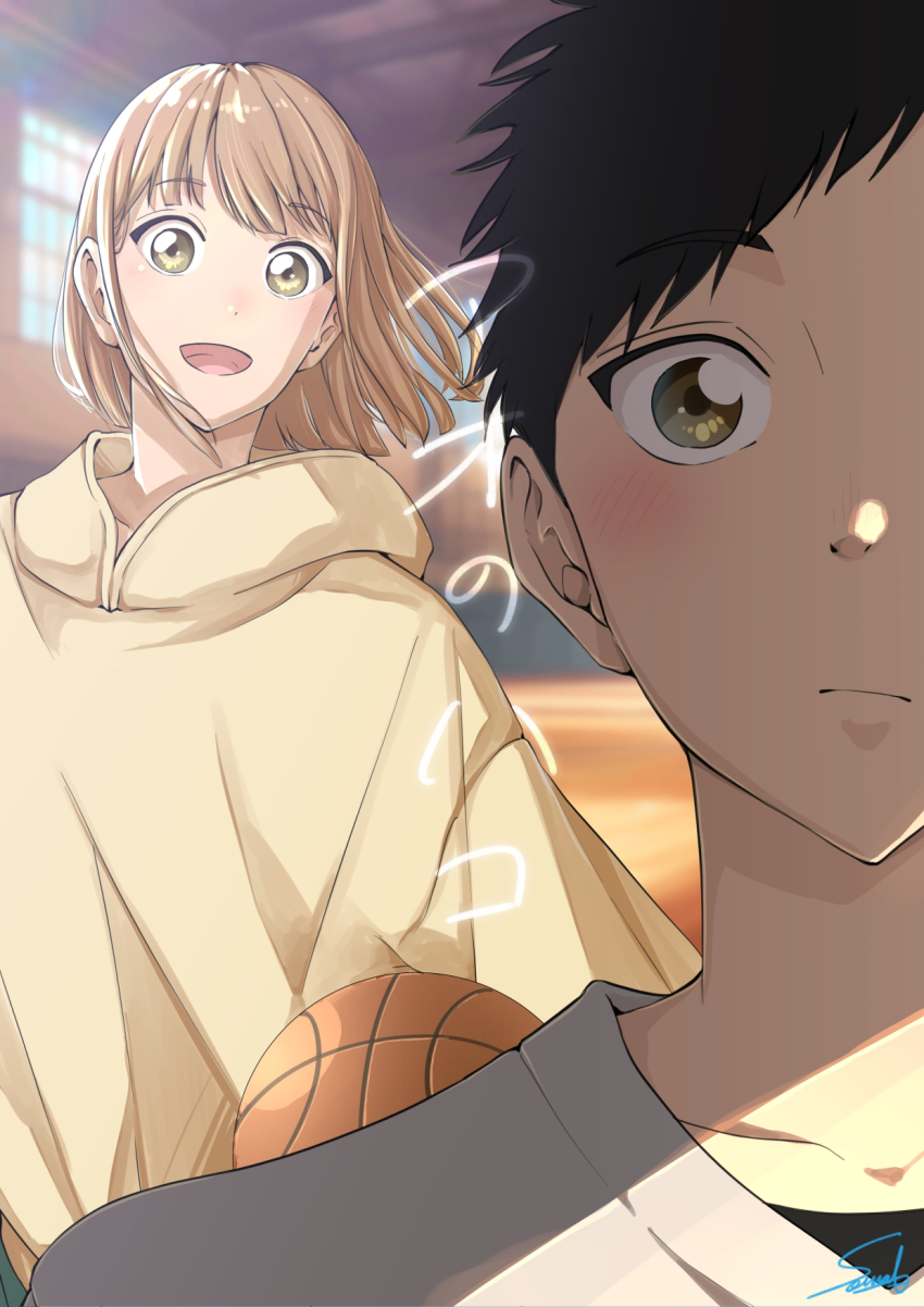 1boy, 1girl, :d, ao_no_hako, ball, basketball_(object), black_hair, blush