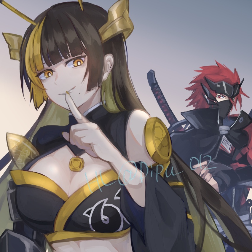 1boy, 1girl, bare_shoulders, black_gloves, black_hair, blonde_hair, breasts, cleavage