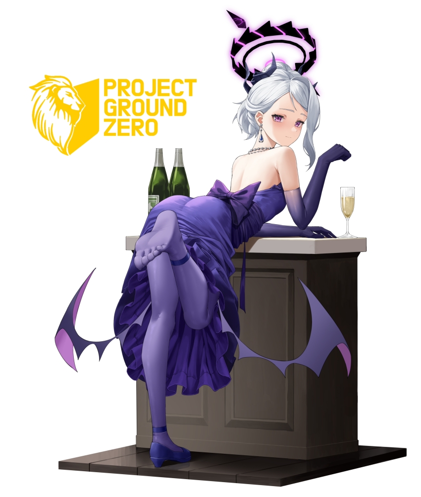 1girl, absurdres, alcohol, blue_archive, champagne, dress, feet, highres