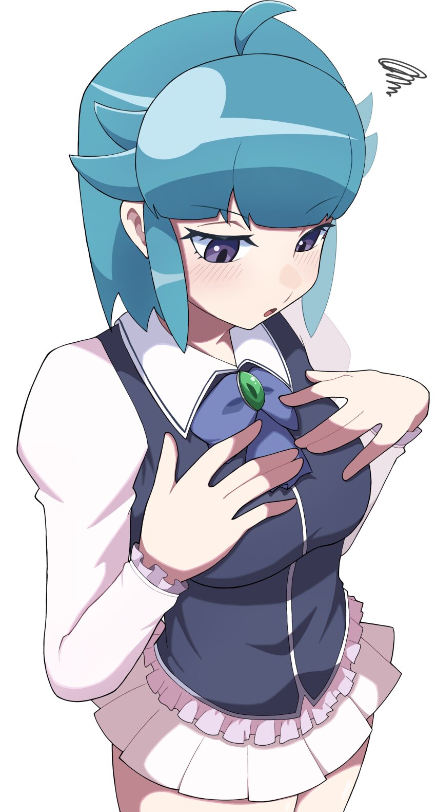 1girl, :o, absurdres, ahoge, blue_bow, blue_bowtie, blue_hair, blunt_bangs
