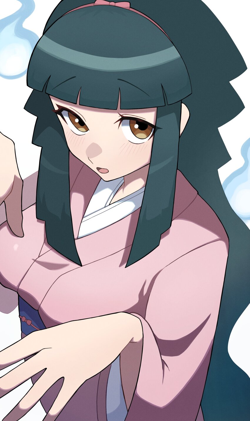 1girl, absurdres, blue_sash, blunt_bangs, breasts, brown_eyes, from_above, ghost_pose