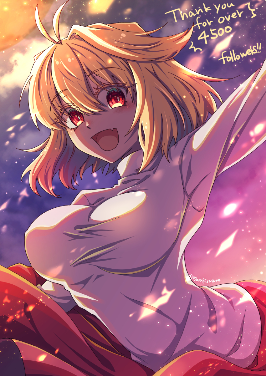 1girl, absurdres, arcueid_brunestud, blonde_hair, breasts, english_text, fang, highres