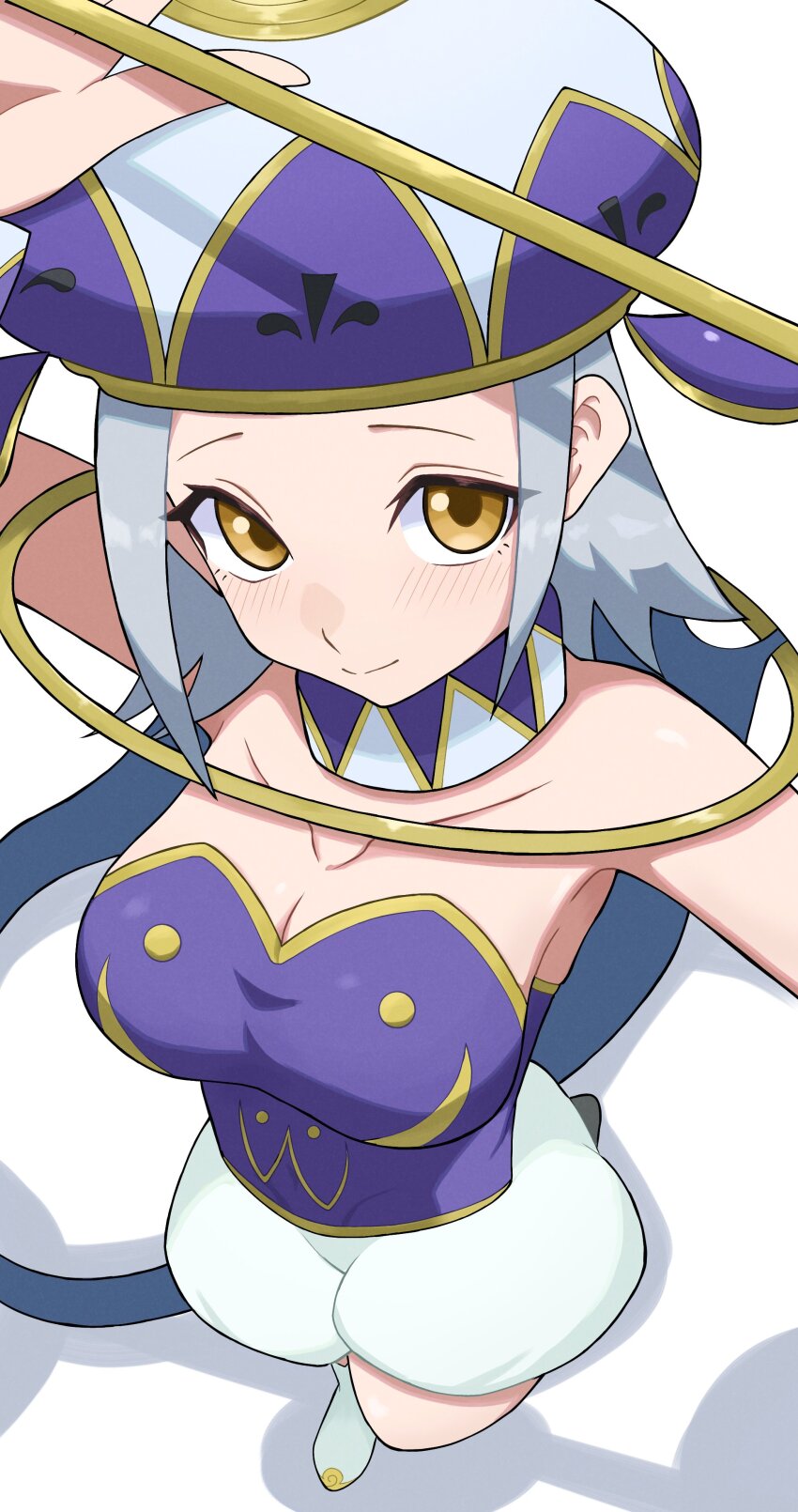 1girl, absurdres, angol_mois, angol_mois_(angol_form), arm_up, bare_shoulders, breasts, brown_eyes, cleavage, closed_mouth, foreshortening, from_above, grey_hair, hat, highres, holding, holding_polearm, holding_weapon, keroro_gunsou, kohiru_atsuku, light_smile, looking_at_viewer, looking_up, medium_breasts, multicolored_hat, neck_ruff, polearm, puffy_shorts, purple_hat, purple_shirt, shadow, shirt, shorts, sidelocks, solo, split_mouth, spoilers, standing, strapless, strapless_shirt, weapon, white_background, white_footwear, white_hat, white_shorts, yellow_trim