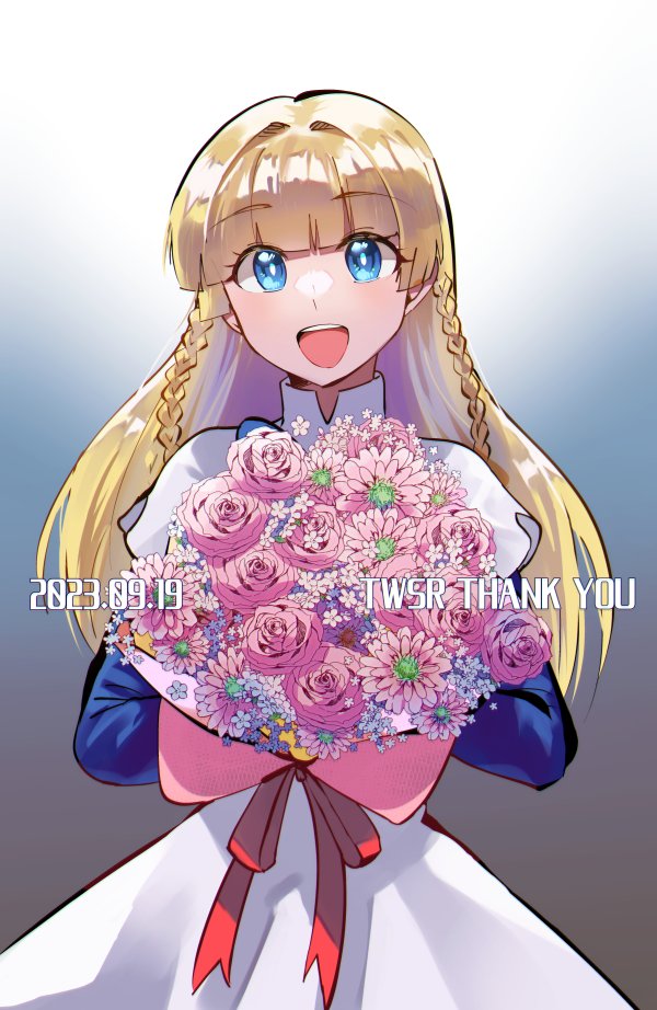 1girl, blonde_hair, blue_background, blue_eyes, blue_shirt, blunt_bangs, blush, bouquet