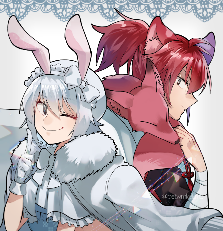 1boy, 1girl, animal, animal_around_neck, animal_ear_fluff, animal_ears, blue_shirt, border