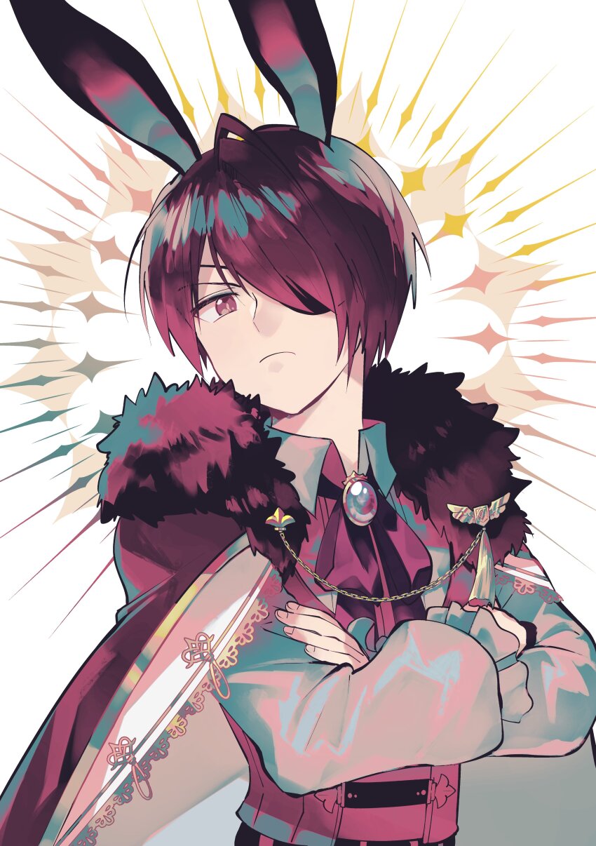1boy, absurdres, animal_ears, bow, bowtie, brooch, cape, closed_mouth