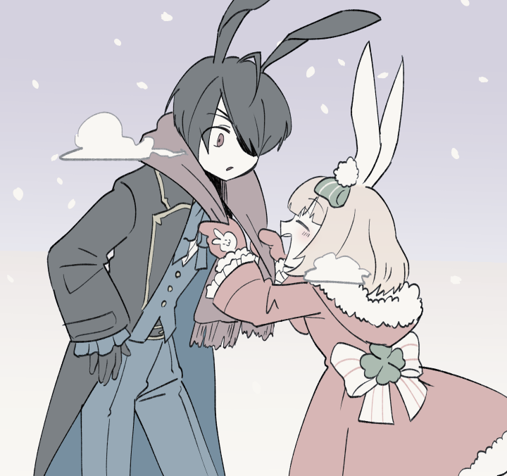 1boy, 1girl, ahoge, animal_ear_fluff, animal_ears, black_coat, black_gloves, black_hair, bow, bowtie, breath, brown_cape, brown_mittens, brown_scarf, cape, coat, commentary_request, cowboy_shot, eyepatch, gloves, green_bow, grey_bow, grey_bowtie, grey_pants, grey_vest, hair_between_eyes, hair_over_one_eye, light_brown_hair, long_bangs, mittens, namosuke_(oetwmkekmz), open_clothes, open_coat, open_mouth, pants, rabbit_boy, rabbit_ears, rabbit_girl, scarf, short_hair, snow, snowing, tales_weaver, vest