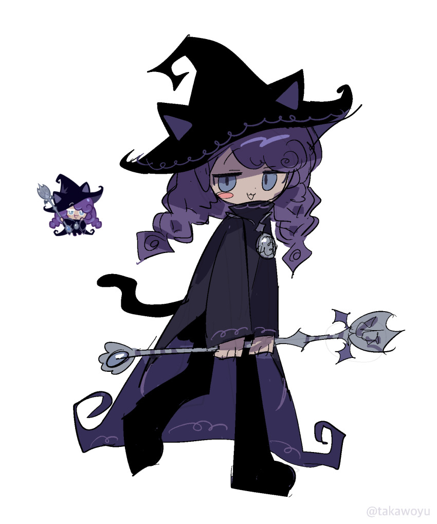 1girl, :3, animal_ear_headwear, animal_ears, black_cloak, black_hat, black_pants, black_tail