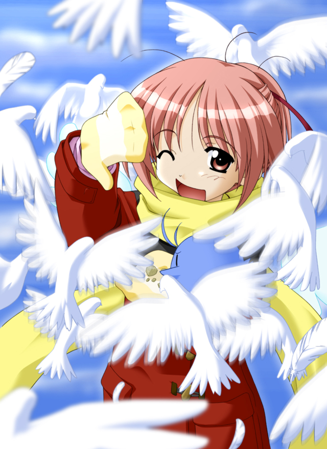 1boy, 1girl, 2000s_(style), antenna_hair, aqua_bird, aqua_wings, archived_source, bird