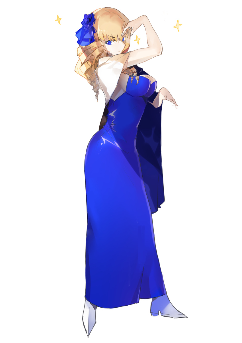 1girl, absurdres, blonde_hair, blue_dress, blue_eyes, blue_ribbon, dress, drill_hair, fate_(series), hair_ribbon, highres, long_dress, looking_at_viewer, lord_el-melloi_ii_case_files, luviagelita_edelfelt, multiple_drills, rathalosx4, ribbon, solo, sparkle, white_background
