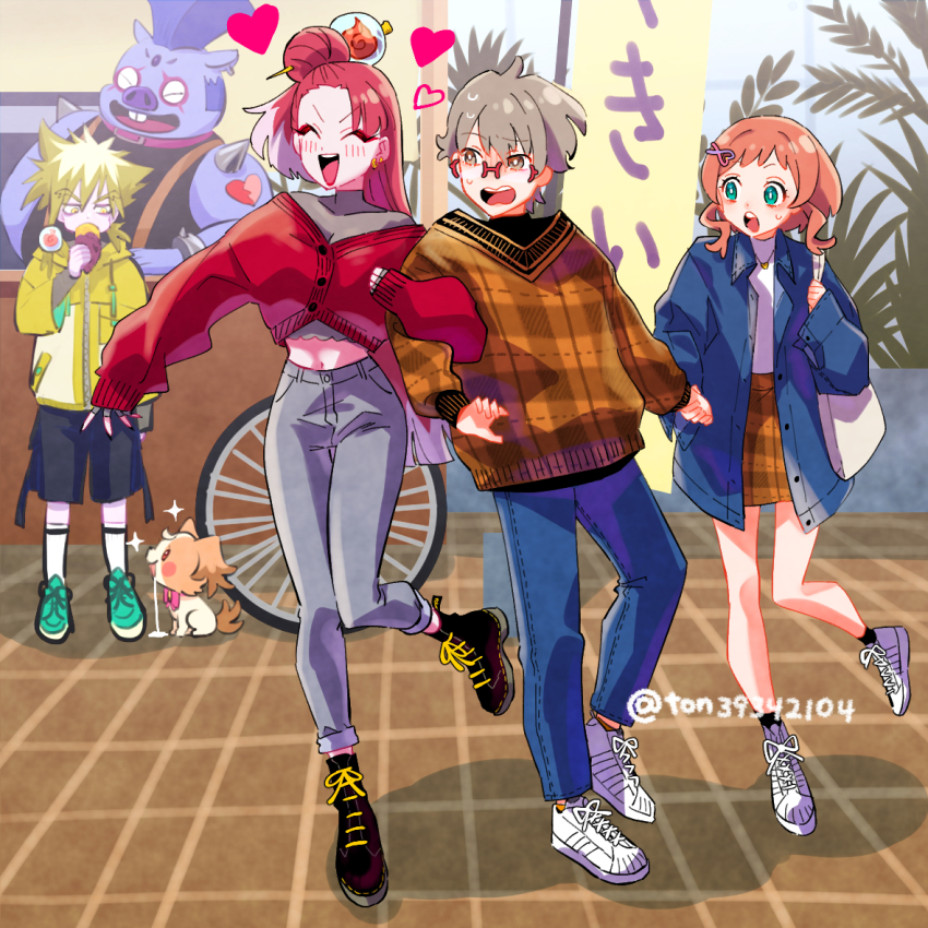 2boys, 2girls, :d, asymmetrical_bangs, banner, black_footwear, black_shirt, black_shorts