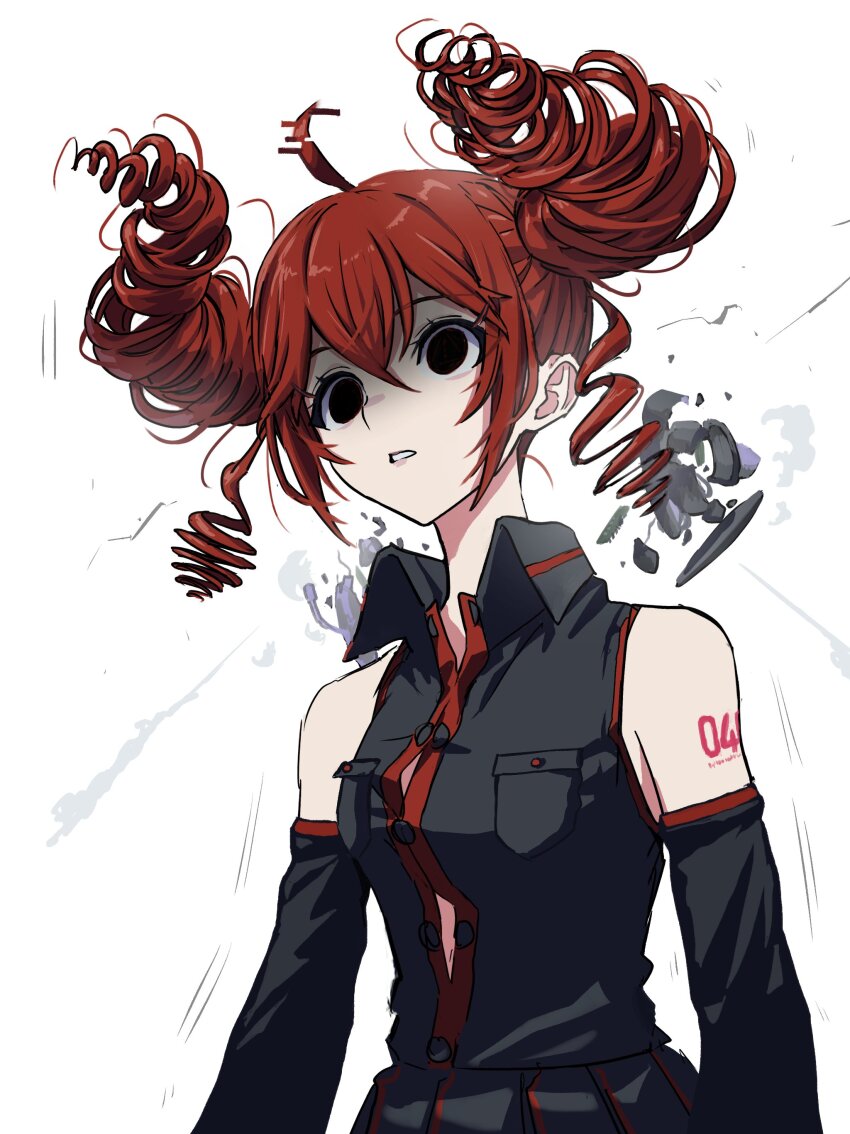 1girl, absurdres, ahoge, arm_tattoo, bare_shoulders, black_shirt, black_skirt, breast_pocket