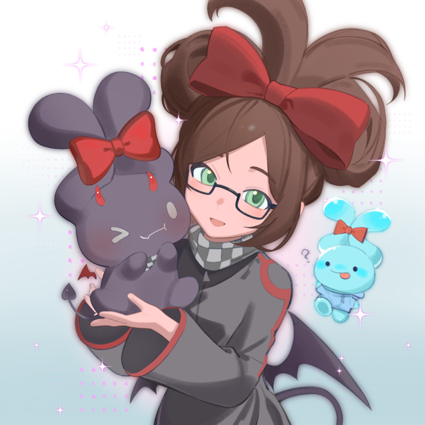 1boy, ?, animalization, animification, badboyhalo, badboyhalo_(cosplay), black_jacket, blush, bow, brown_hair, chinese_commentary, cihuabinggan, cinnamiku_hairstyle, cinnamoroll, commentary_request, cosplay, creature, crossover, demon_boy, demon_tail, demon_wings, dream_smp, fuwa_fuwa_cinnamoroll, glasses, green_eyes, grey_neckerchief, hair_bow, highres, holding, holding_creature, humanization, jacket, long_hair, looking_at_viewer, male_focus, minecraft_youtube, neckerchief, one_eye_closed, open_mouth, person_and_animalization, red_bow, sanrio, skeppy, skeppy_(cosplay), smile, solo_focus, tail, tied_ears, wings