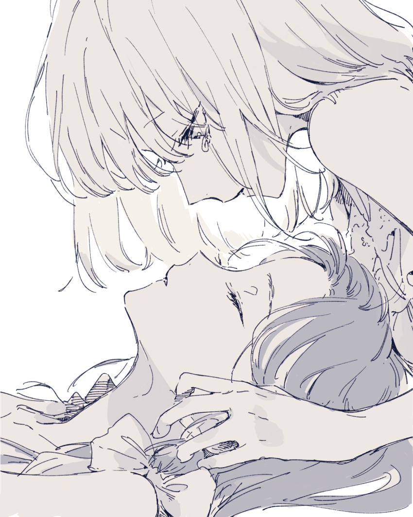 2girls, closed_eyes, closed_mouth, greyscale, hand_in_another's_hair, highres, kakmxxxny06, kono_koi_wo_hoshi_ni_wa_negawanai