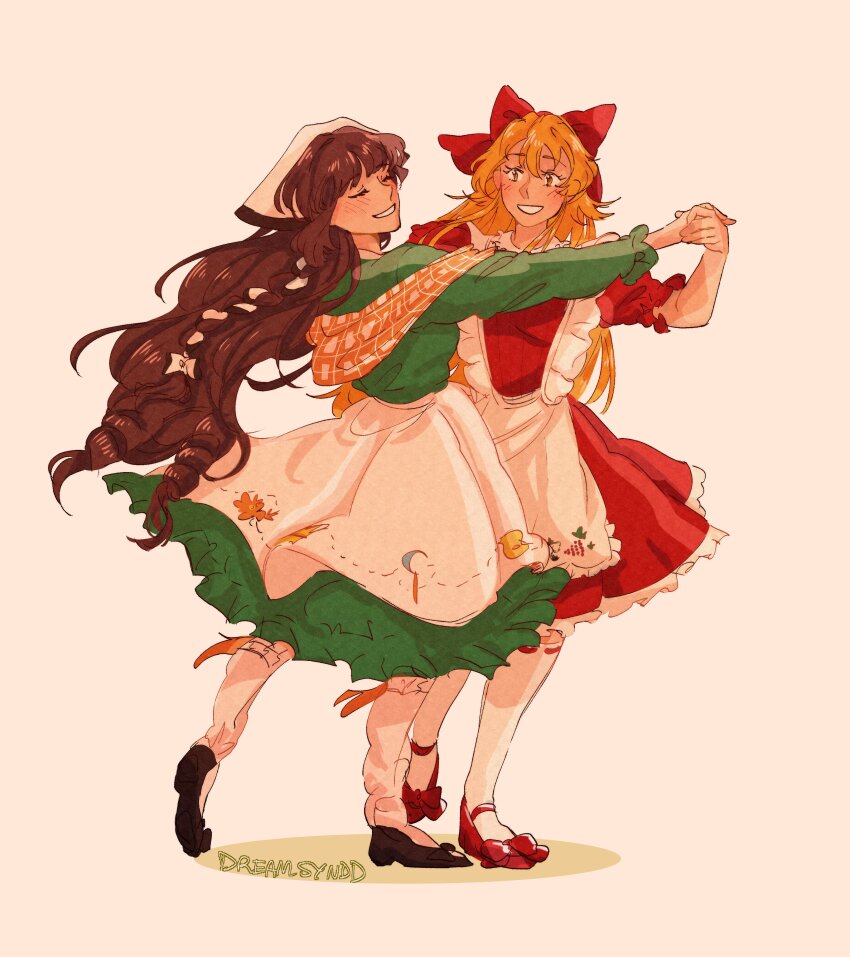 2girls, absurdres, apron, artist_name, black_footwear, blush, bow, brown_hair