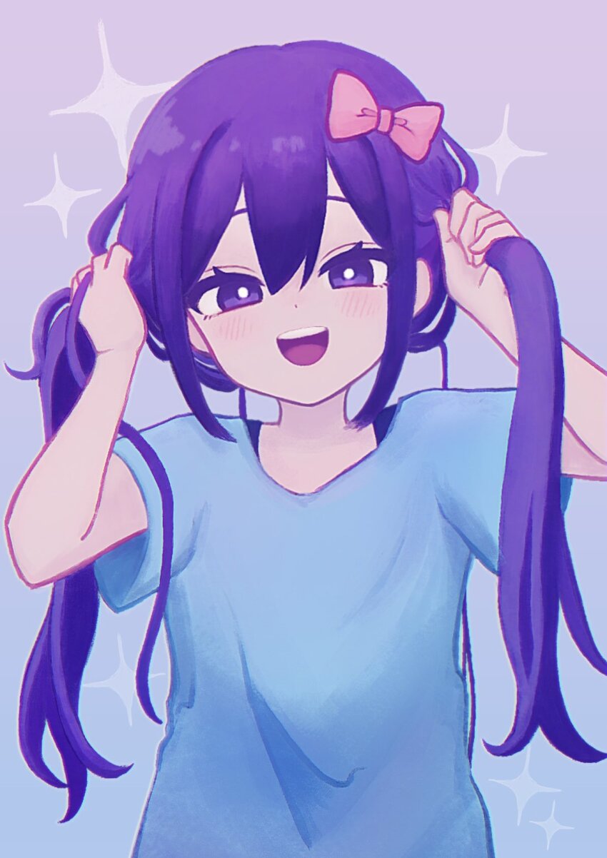 1girl, arms_up, aubrey_(headspace)_(omori), aubrey_(omori), blue_shirt, blush, bow, hair_bow, highres, long_hair, looking_at_viewer, omori, open_mouth, pink_bow, purple_eyes, purple_hair, shirt, short_sleeves, smile, solo, t-shirt, teeth, upper_teeth_only, yu_kuli