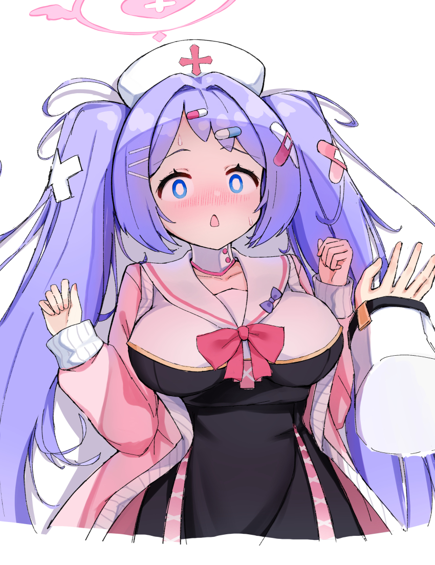 1girl, absurdres, blue_archive, blue_eyes, blush, breasts, caffeinechara, halo