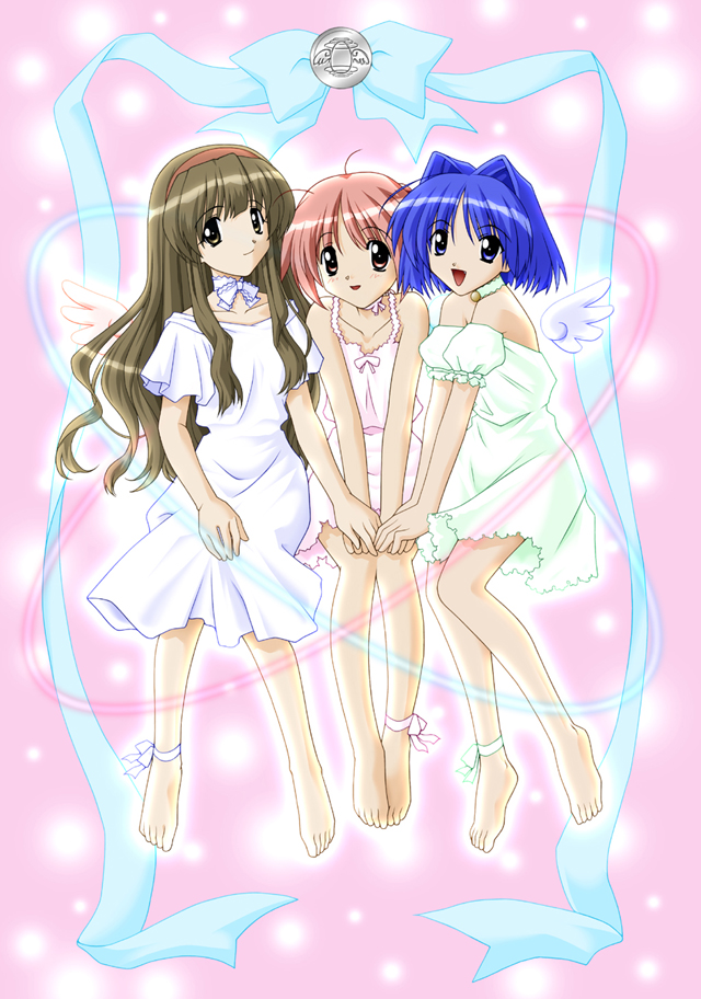 2000s_(style), 3girls, alternate_costume, ankle_ribbon, aoi_(tentama), aqua_ribbon, archived_source, bare_arms, bare_legs, bare_shoulders, barefoot, bell, blue_eyes, blue_hair, blue_wings, bow, bow_camisole, camisole, choker, closed_mouth, collarbone, cowlick, detached_sleeves, dress, frilled_sleeves, frills, green_choker, green_dress, green_pajamas, green_ribbon, green_sleeves, hair_intakes, hairband, holding_hands, karin_(tentama), kindle_imagine_develop, lace, lace-trimmed_choker, lace-trimmed_dress, lace-trimmed_skirt, lace_trim, leg_ribbon, light_brown_hair, long_hair, long_sidelocks, matsuo_yukihiro, mini_wings, multiple_girls, nana_(tentama), neck_bell, official_alternate_costume, official_art, open_mouth, orange_hairband, pajamas, pink_background, pink_bow, pink_camisole, pink_eyes, pink_hair, pink_pajamas, pink_ribbon, pink_skirt, pink_wings, ribbon, ribbon_choker, second-party_source, short_sleeves, sidelocks, sitting, skirt, smile, spaghetti_strap, strapless, strapless_dress, tentama, tentama:_1st_sunny_side, toes, wavy_hair, wavy_sidelocks, white_dress, white_pajamas, white_ribbon, white_sleeves, white_wings, wide_sleeves, wings, yashiro_shizuka