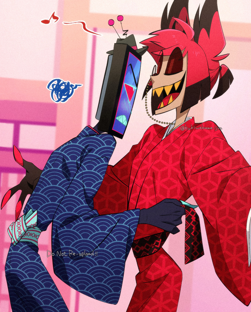 absurdres, adjusting_sash, alastor_(hazbin_hotel), animal_ears, antlers, black_hair, black_hands, black_hat