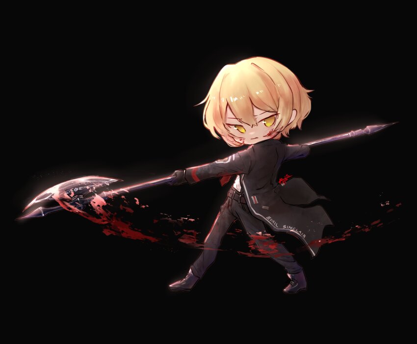 1boy, absurdres, black_background, black_pants, blonde_hair, blood, chibi, full_body
