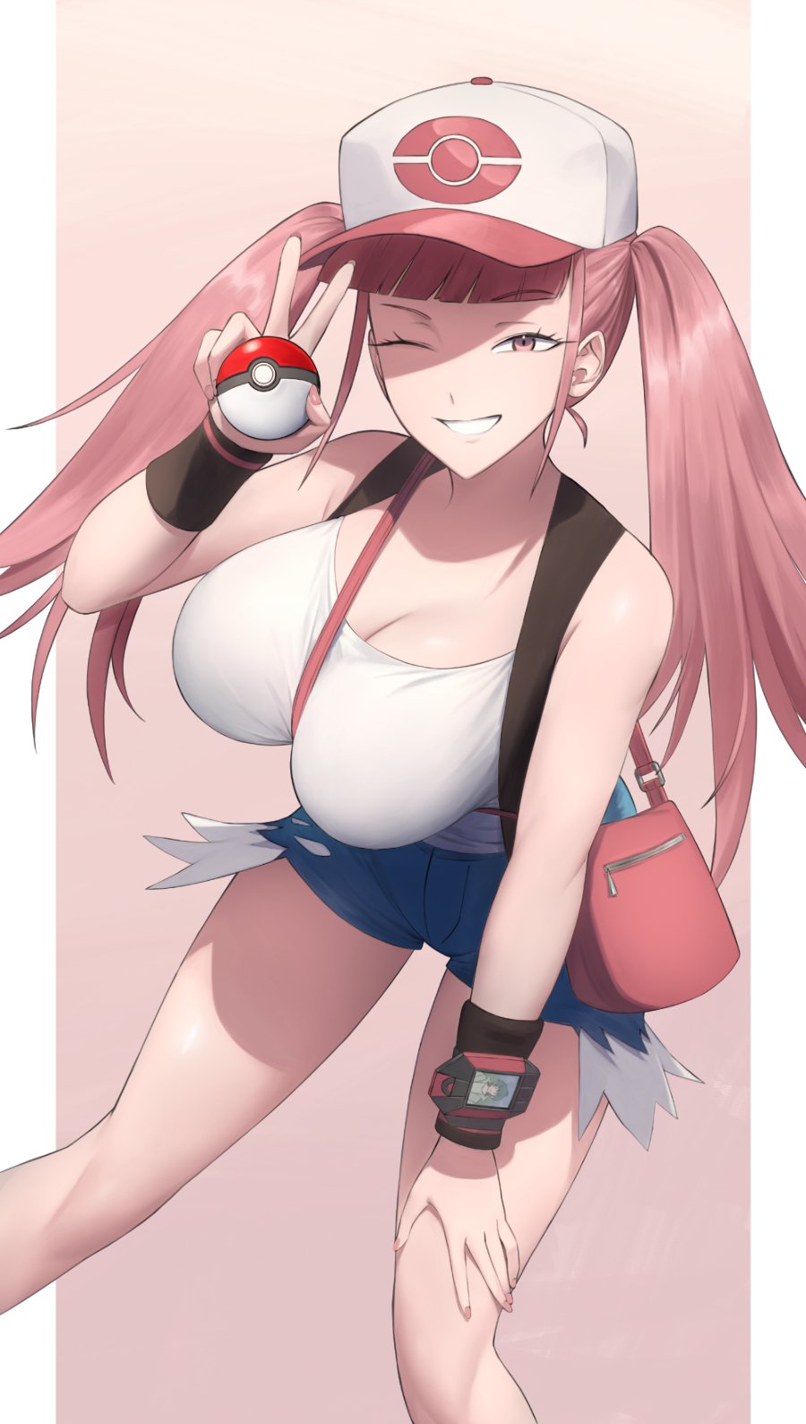 1girl, ;), bare_legs, bare_shoulders, baseball_cap, black_vest, blunt_bangs, breasts