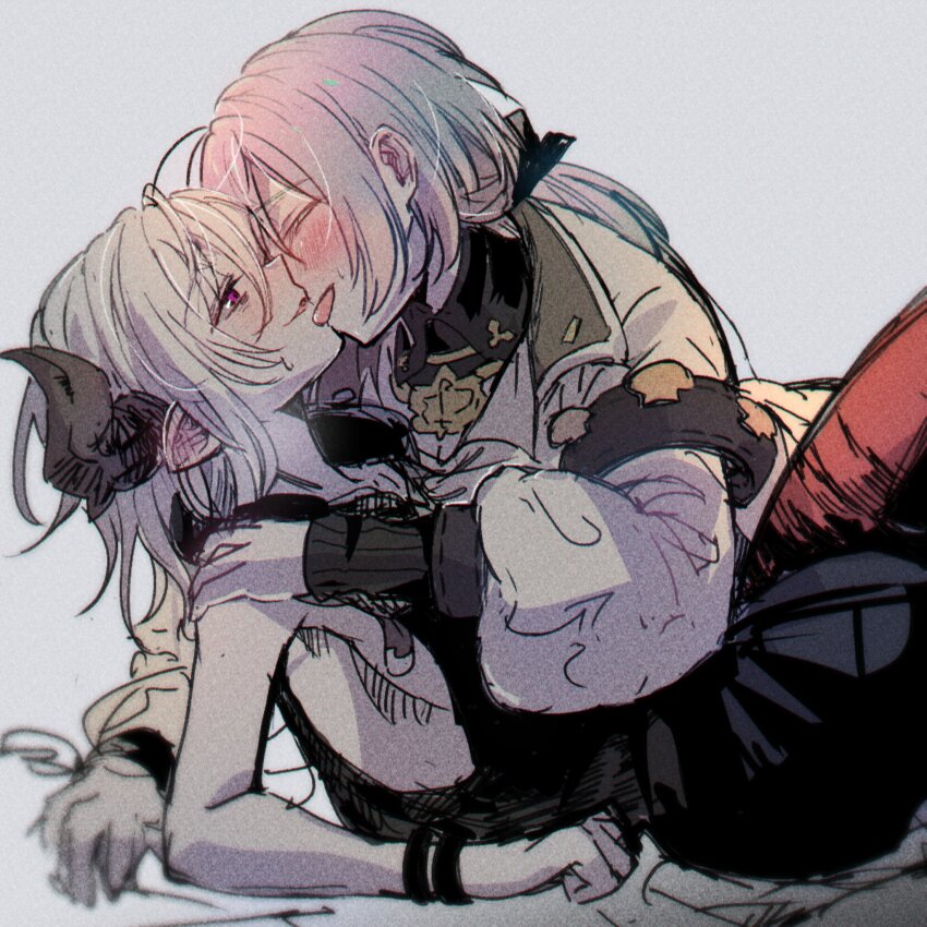 2girls, breasts, brown_horns, cupitan_(granblue_fantasy), draph, gloves, gradient_hair, granblue_fantasy