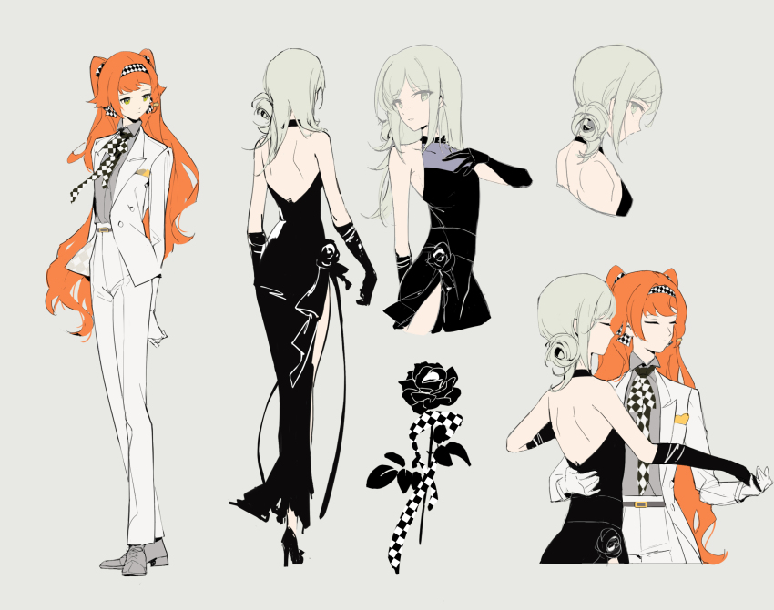 2girls, alternate_costume, backless_dress, backless_outfit, bare_shoulders, black_dress, black_footwear, black_gloves