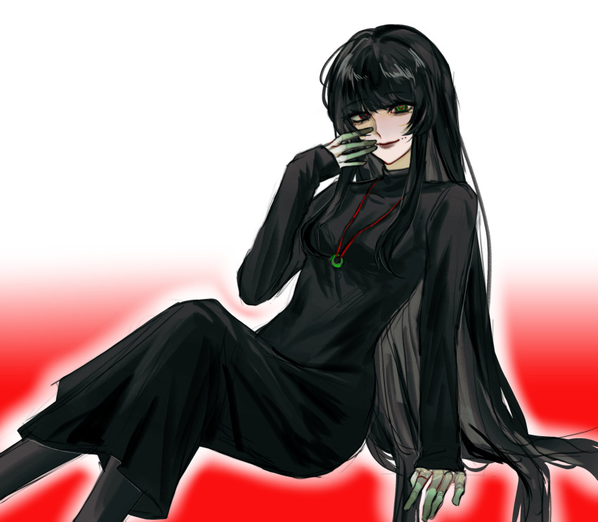 1girl, absurdres, black_dress, black_eyes, black_hair, black_pantyhose, blunt_bangs, breasts