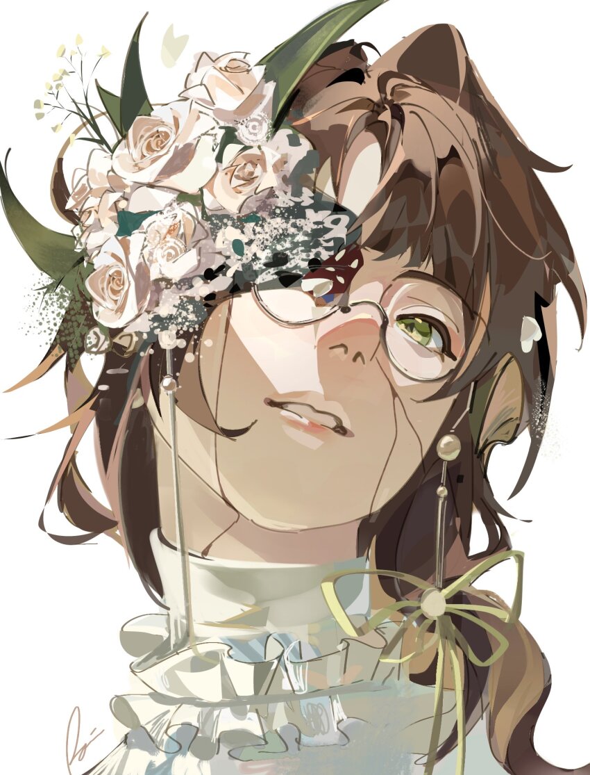 1girl, brown_hair, cracked_skin, eyewear_strap, flower, flower_over_eye, glasses, green_eyes