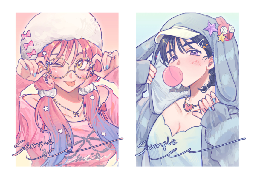 2girls, ;p, adjusting_eyewear, alien_stage, alternate_costume, alternate_hairstyle, animal_ear_hood, animal_ears