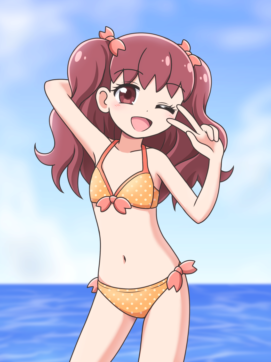 1girl, arm_behind_head, arm_up, bare_arms, bare_legs, bikini, blue_sky, blush