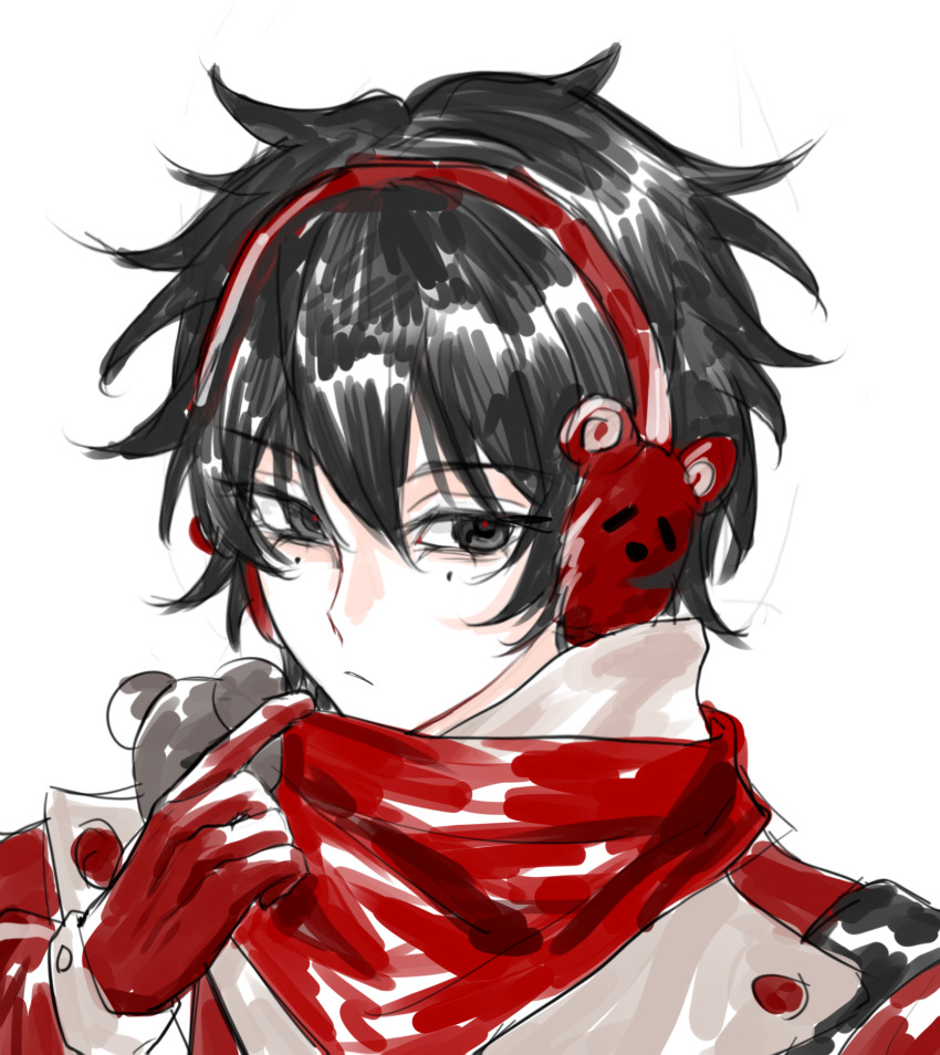 1boy, animal_earmuffs, black_eyes, black_hair, buxiang_hua_suxie!, chinese_commentary, closed_mouth, commentary_request