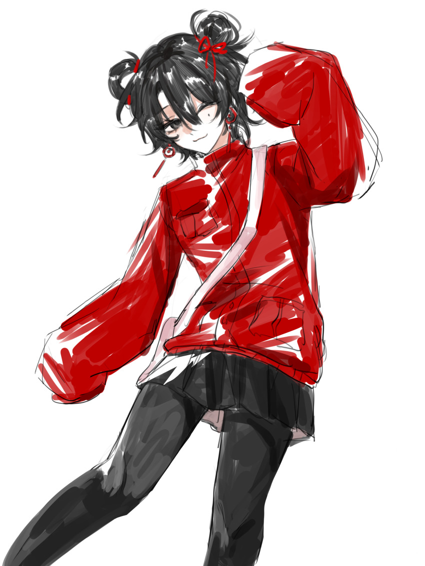 1girl, ;3, arm_up, black_eyes, black_hair, black_pantyhose, black_skirt, buxiang_hua_suxie!, chinese_commentary, closed_mouth, commentary_request, earrings, feet_out_of_frame, flat_chest, hair_between_eyes, hair_bun, hair_ribbon, hair_rings, highres, jacket, jewelry, li_yuting_(female), long_sleeves, miniskirt, mole, mole_under_each_eye, mole_under_eye, multiple_moles, one_eye_closed, pantyhose, pleated_skirt, red_jacket, red_ribbon, ribbon, short_hair, simple_background, single_hair_bun, single_hair_ring, sketch, skirt, sleeves_past_fingers, sleeves_past_wrists, smile, solo, touqi_guaitan, white_background