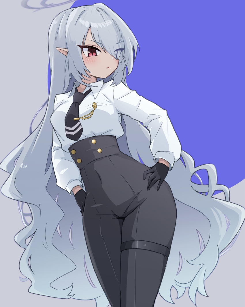 1girl, absurdres, alternate_costume, armband, black_gloves, black_pants, black_tail, blue_archive