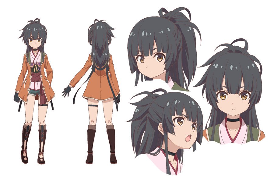 1girl, black_gloves, black_hair, gloves, grimms_notes, grimms_notes_the_animation, japanese_clothes, kawashima_hisashi, long_hair, multiple_views, official_art, open_mouth, outstretched_arm, ponytail, shane_(grimms_notes), simple_background, white_background, yellow_eyes