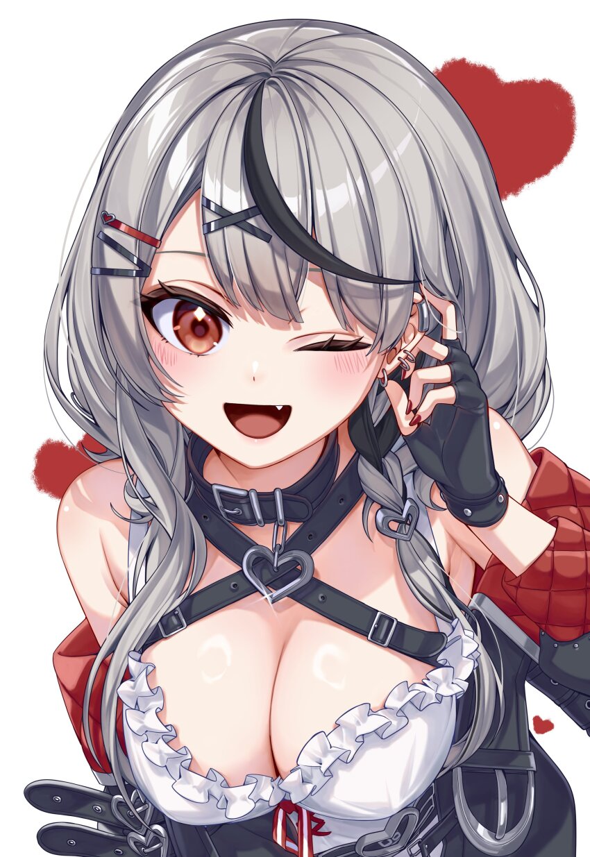 1girl, ;d, absurdres, animal_collar, belt_collar, black_collar, black_gloves, black_hair