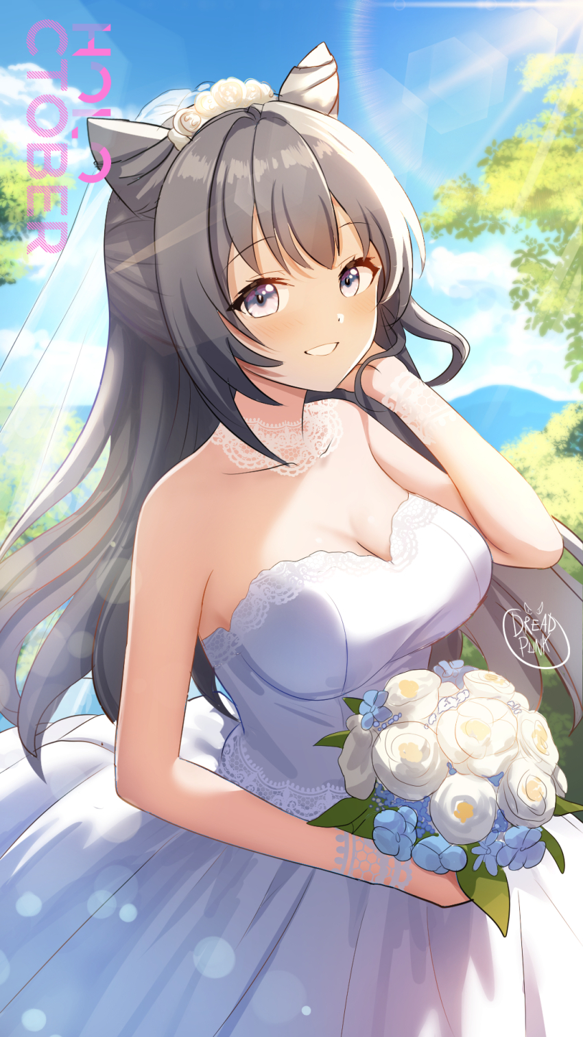 1girl, bare_shoulders, blush, bouquet, breasts, bridal_veil, bride, choker, cleavage, cone_hair_bun, double_bun, dreadpunk, dress, flower, grey_eyes, grey_hair, grin, hair_bun, highres, holding, holding_bouquet, hololive, hololive_indonesia, lace, lace_choker, lace_wrist_cuffs, long_hair, looking_at_viewer, medium_breasts, outdoors, see-through_clothes, see-through_veil, side_up_bun, signature, sleeveless, sleeveless_dress, smile, solo, tucking_hair, veil, vestia_zeta, virtual_youtuber, wedding, wedding_dress, white_choker, white_dress