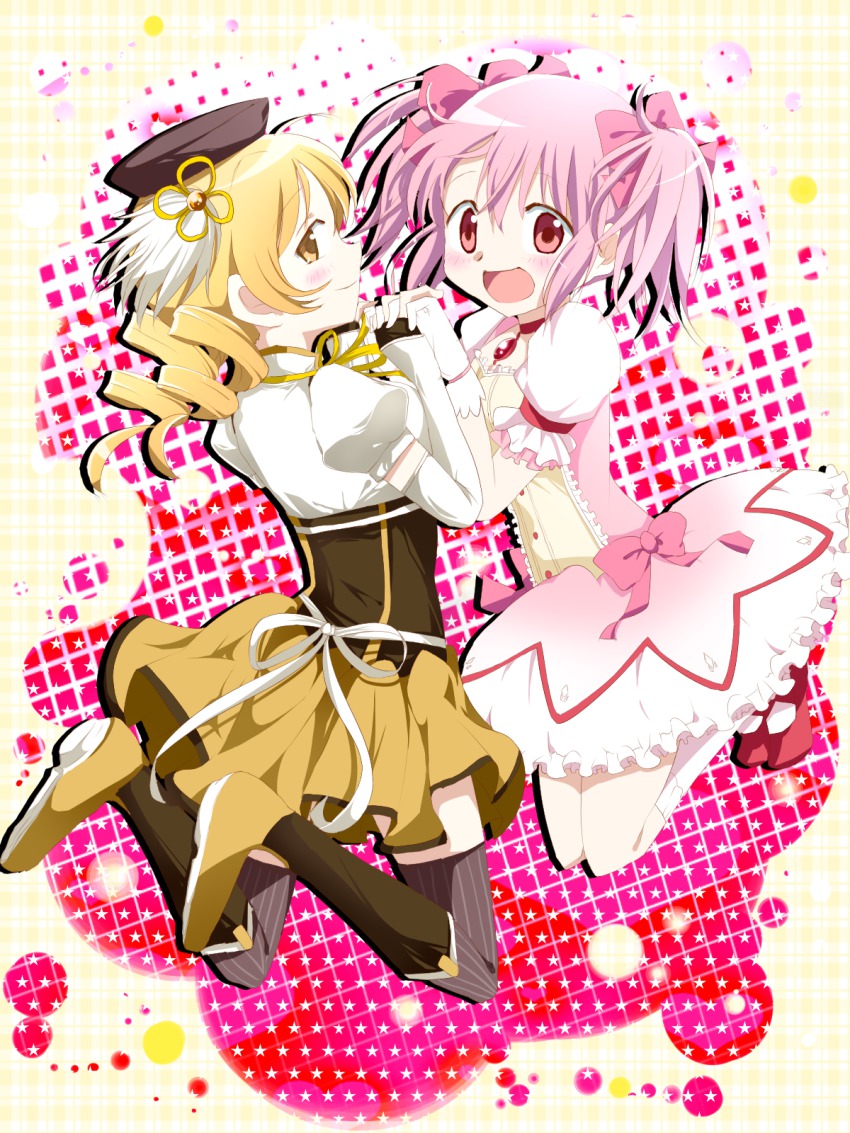 10s, 2girls, :d, bad_id, bad_pixiv_id, beret, blonde_hair, blush, boots, bubble_skirt, drill_hair, fingerless_gloves, gloves, hat, highres, holding_hands, jumping, kaname_madoka, kaname_madoka_(magical_girl), magical_girl, mahou_shoujo_madoka_magica, mahou_shoujo_madoka_magica_(anime), multiple_girls, open_mouth, pink_eyes, pink_hair, profile, puffy_sleeves, short_hair, skirt, smile, star_(symbol), thighhighs, tomoe_mami, tomoe_mami_(magical_girl), twintails, white_gloves, yellow_eyes, yuzuyu010